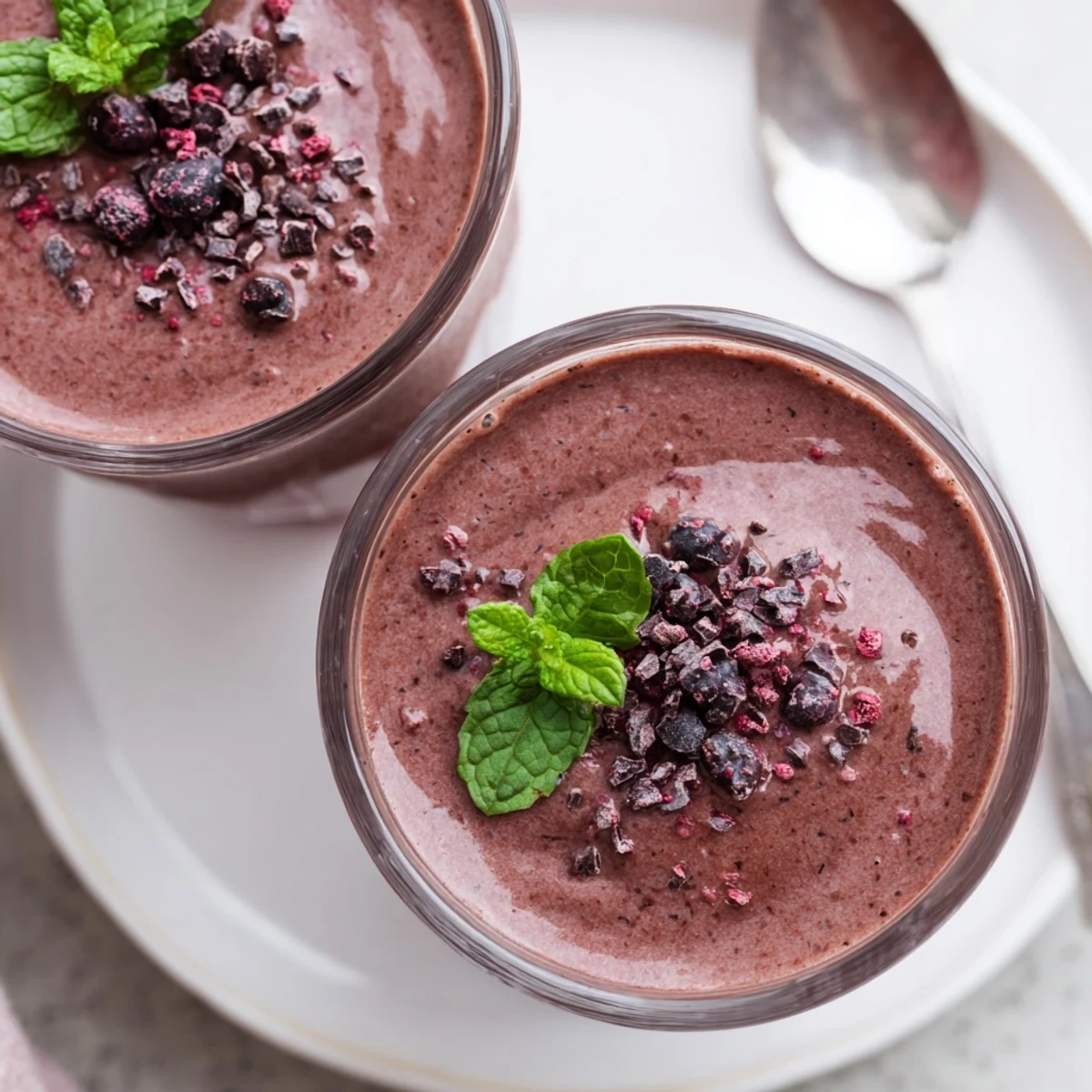 Chocolate Beet Smoothie in tall glass with cacao nibs and fresh mint