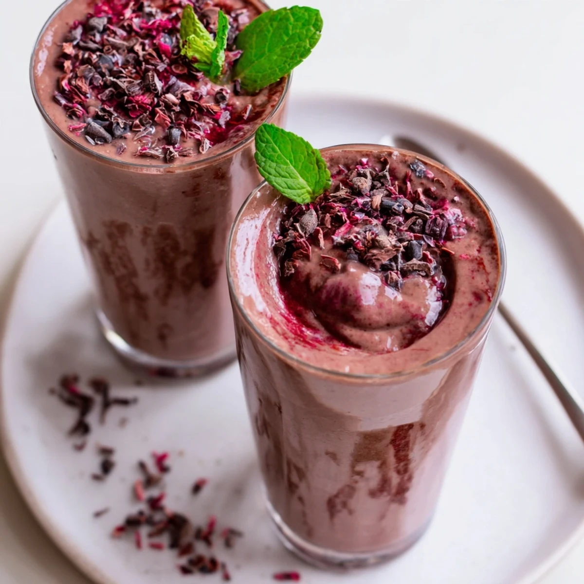 Chocolate Beet Smoothie blended with banana and almond milk, thick and energizing