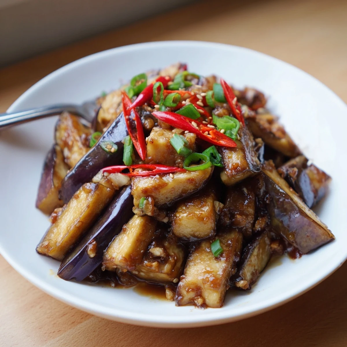 Sichuan Style Braised Aubergines, silky-tender pieces bathed in fragrant chili sauce.