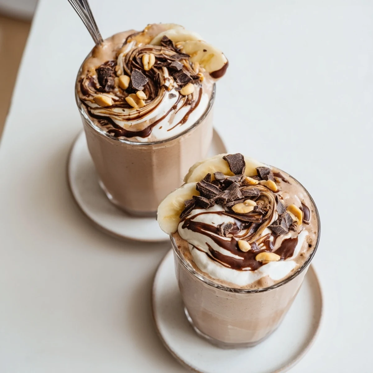 Thick Chocolate Peanut Butter Smoothie topped with whipped cream and chocolate shavings