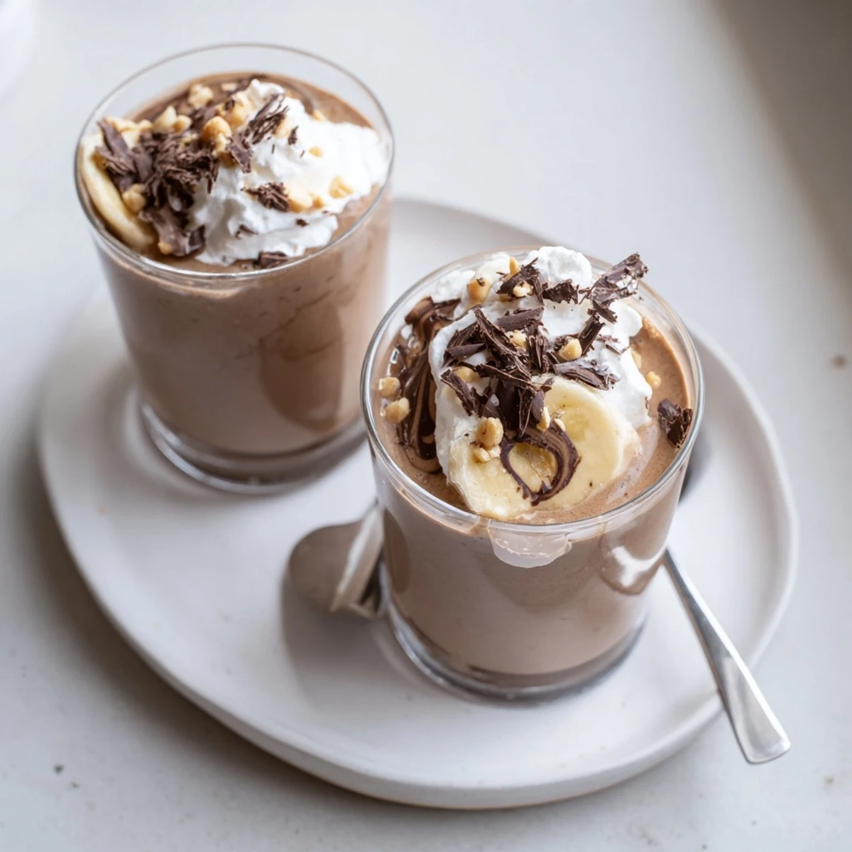 Cold Chocolate Peanut Butter Smoothie poured into glass with crushed peanuts