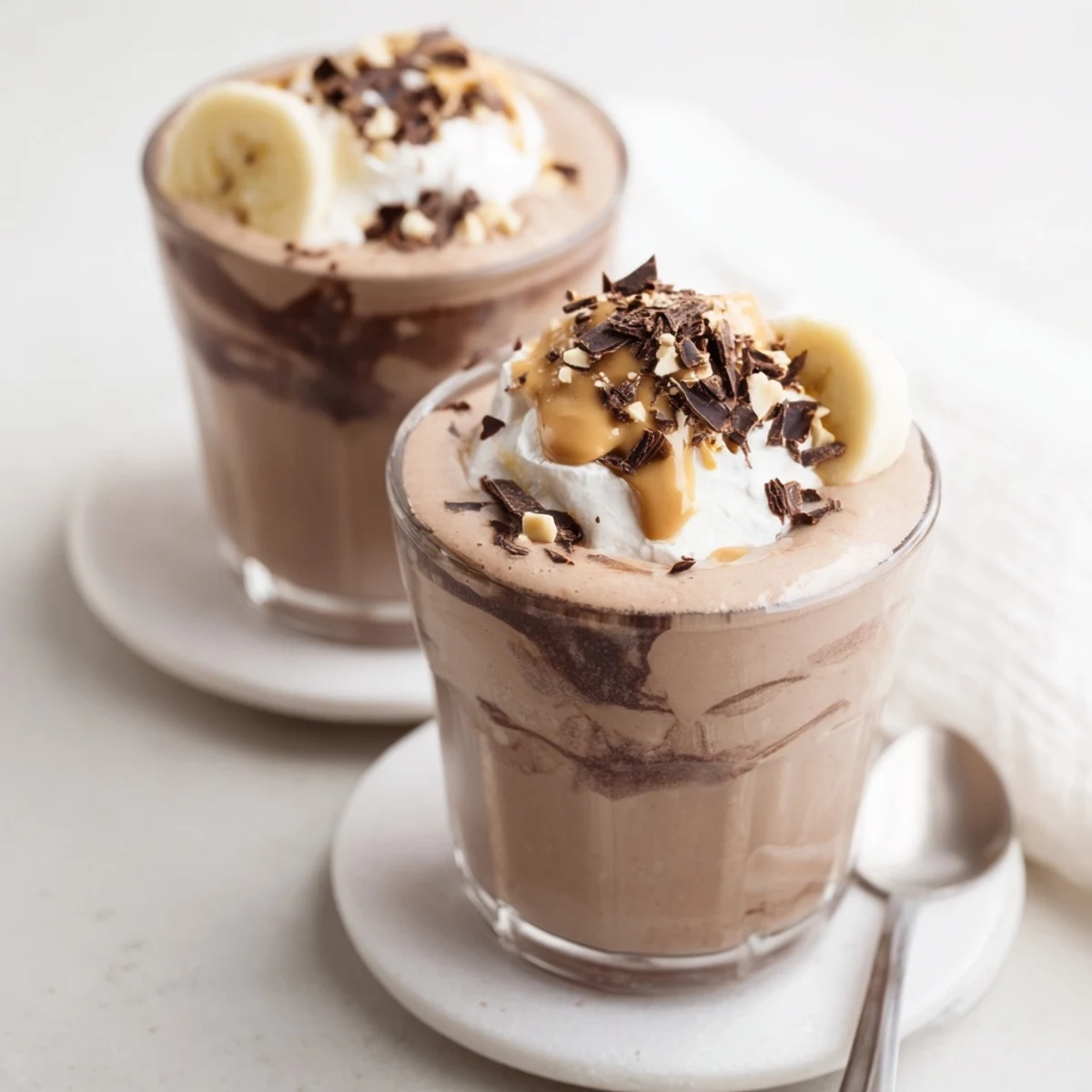 Creamy Chocolate Peanut Butter Smoothie served in two glasses for quick breakfast