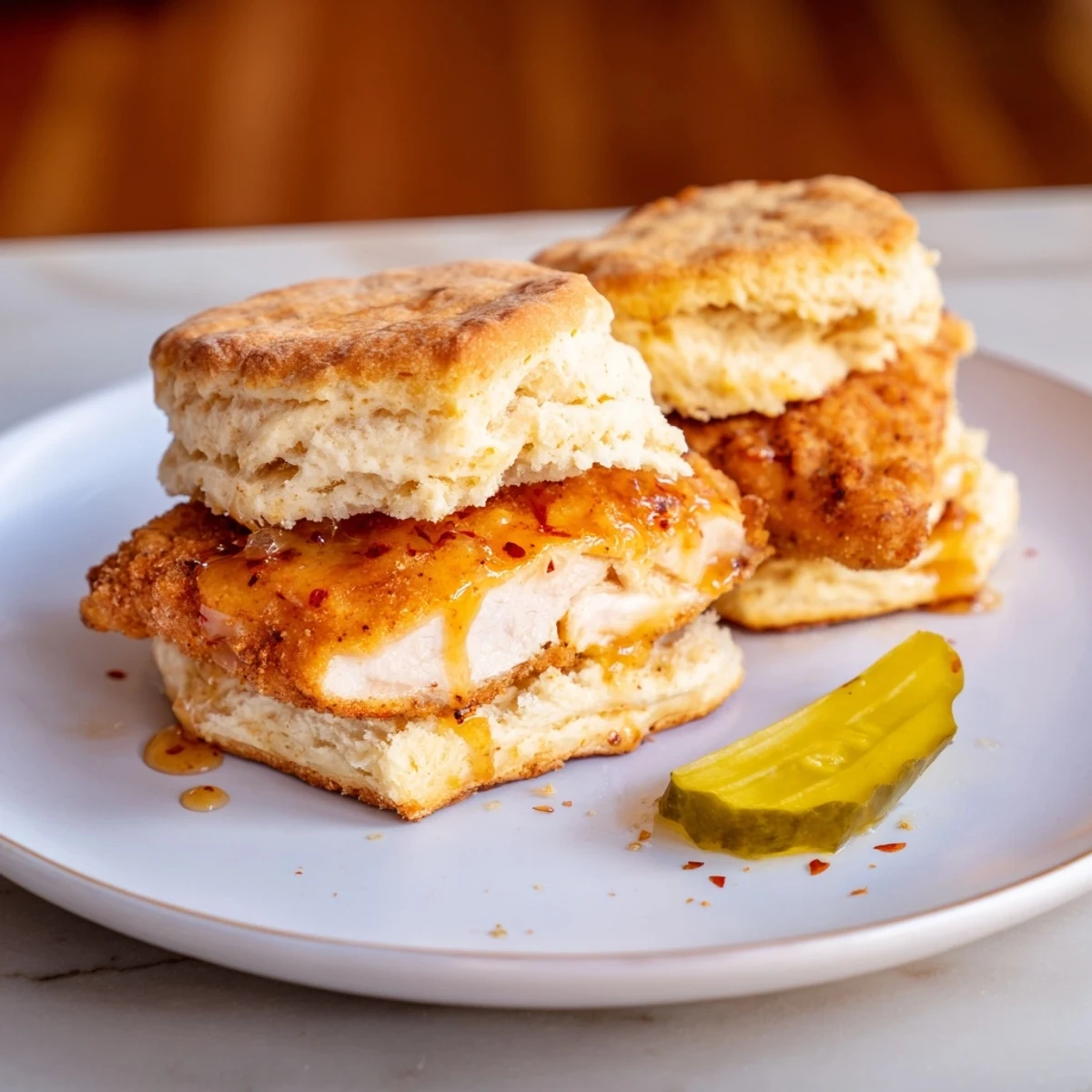Hot Honey Chicken Biscuits glistening with amber honey, flaky buttermilk rounds, pickles