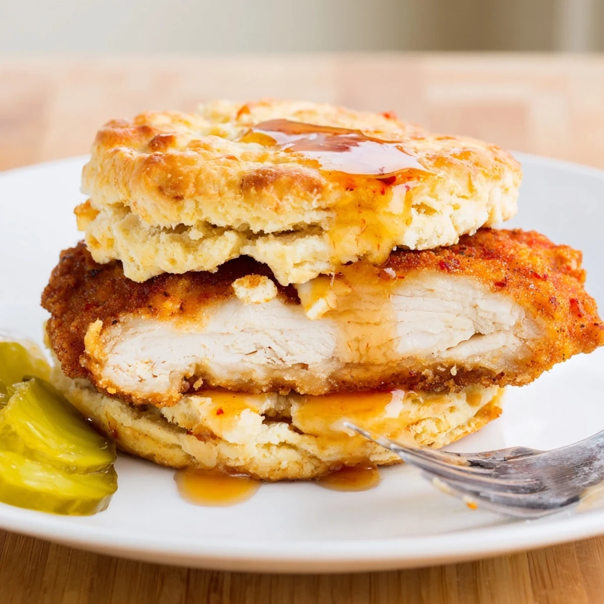Crispy fried cutlet tucked inside warm Hot Honey Chicken Biscuits, perfect for brunch