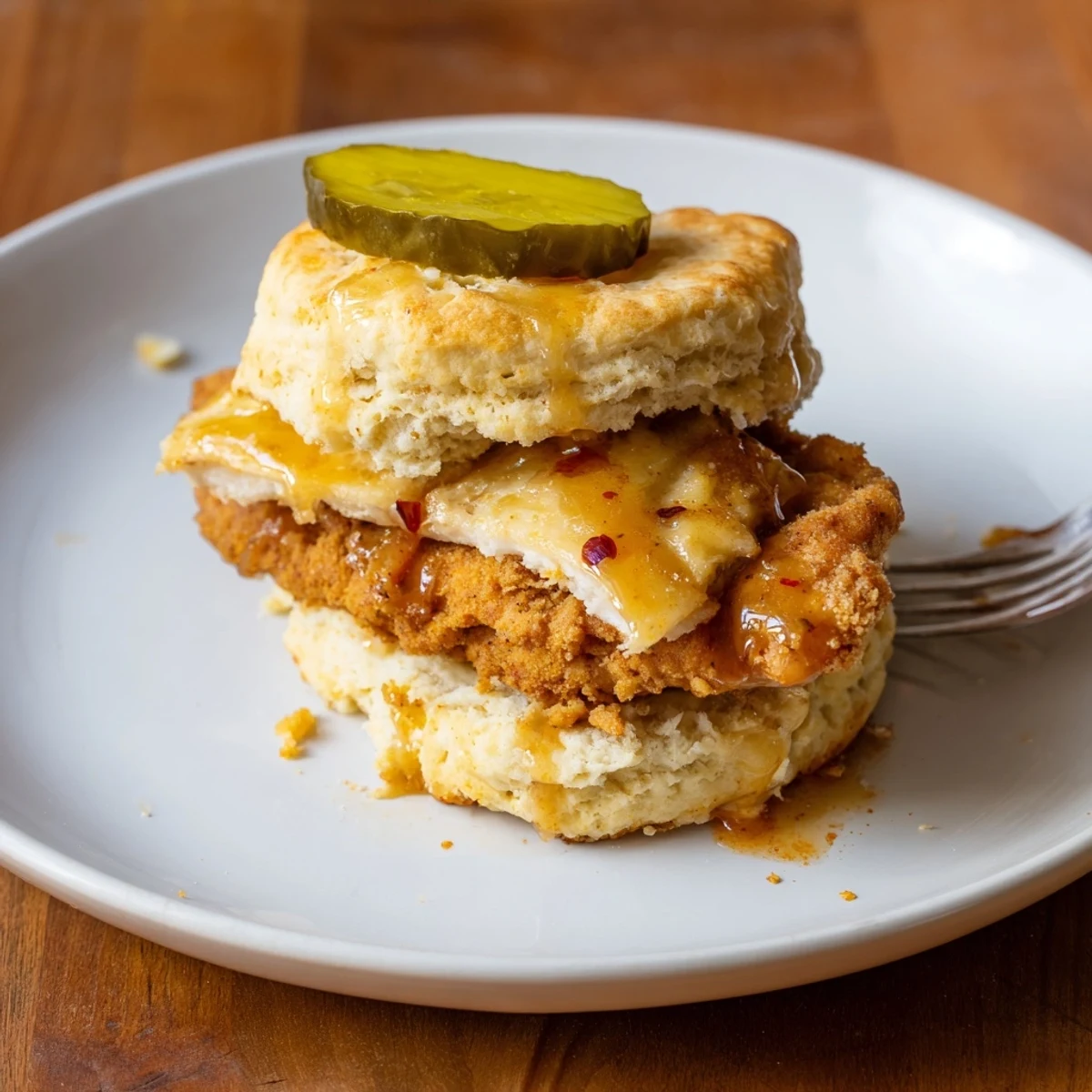 Steaming Hot Honey Chicken Biscuits drizzled with spicy-sweet honey, served with iced tea