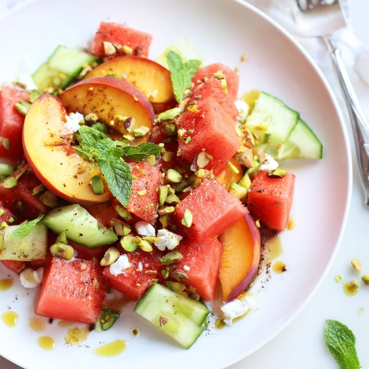 Summer Peach Watermelon Salad glistening with honey-lime dressing and torn mint