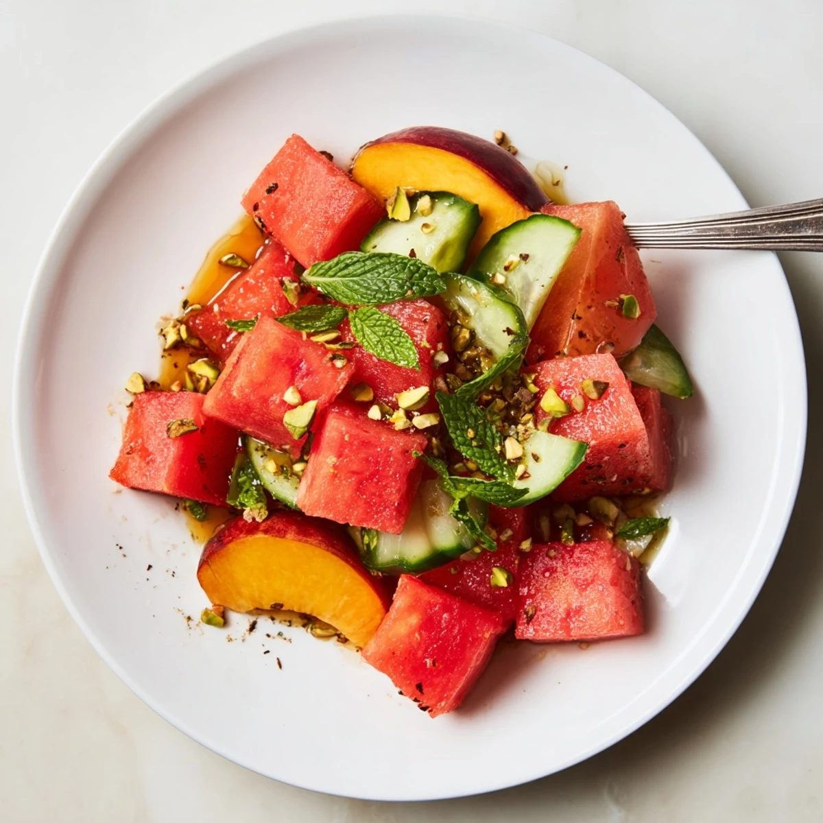 Chunky Summer Peach Watermelon Salad with crumbled feta and crunchy pistachios