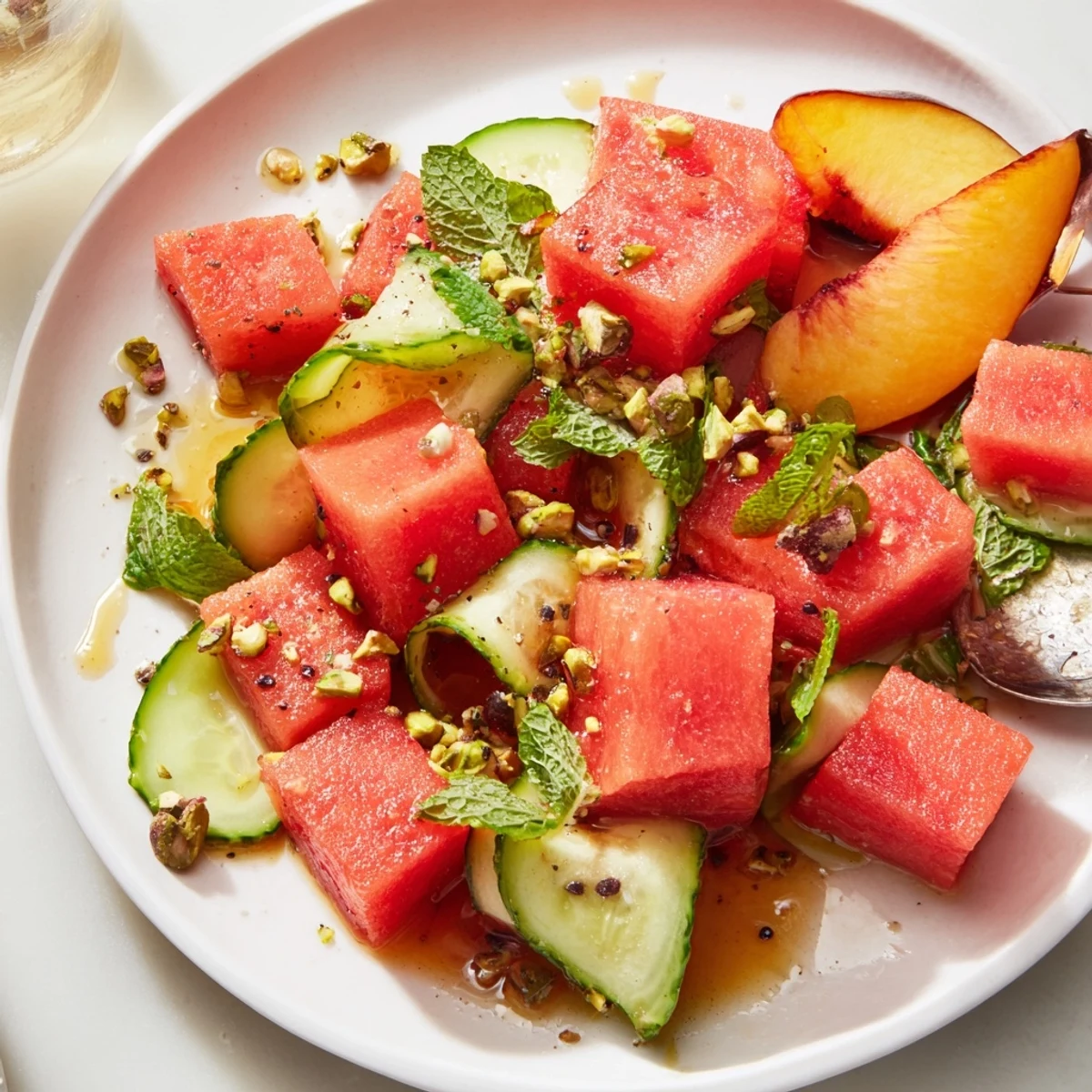 Bright Summer Peach Watermelon Salad served chilled on platter, lime aroma