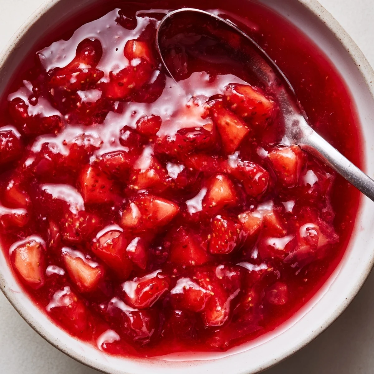Glossy, ruby filling cooling in saucepan from the Strawberry Cake Filling Recipe