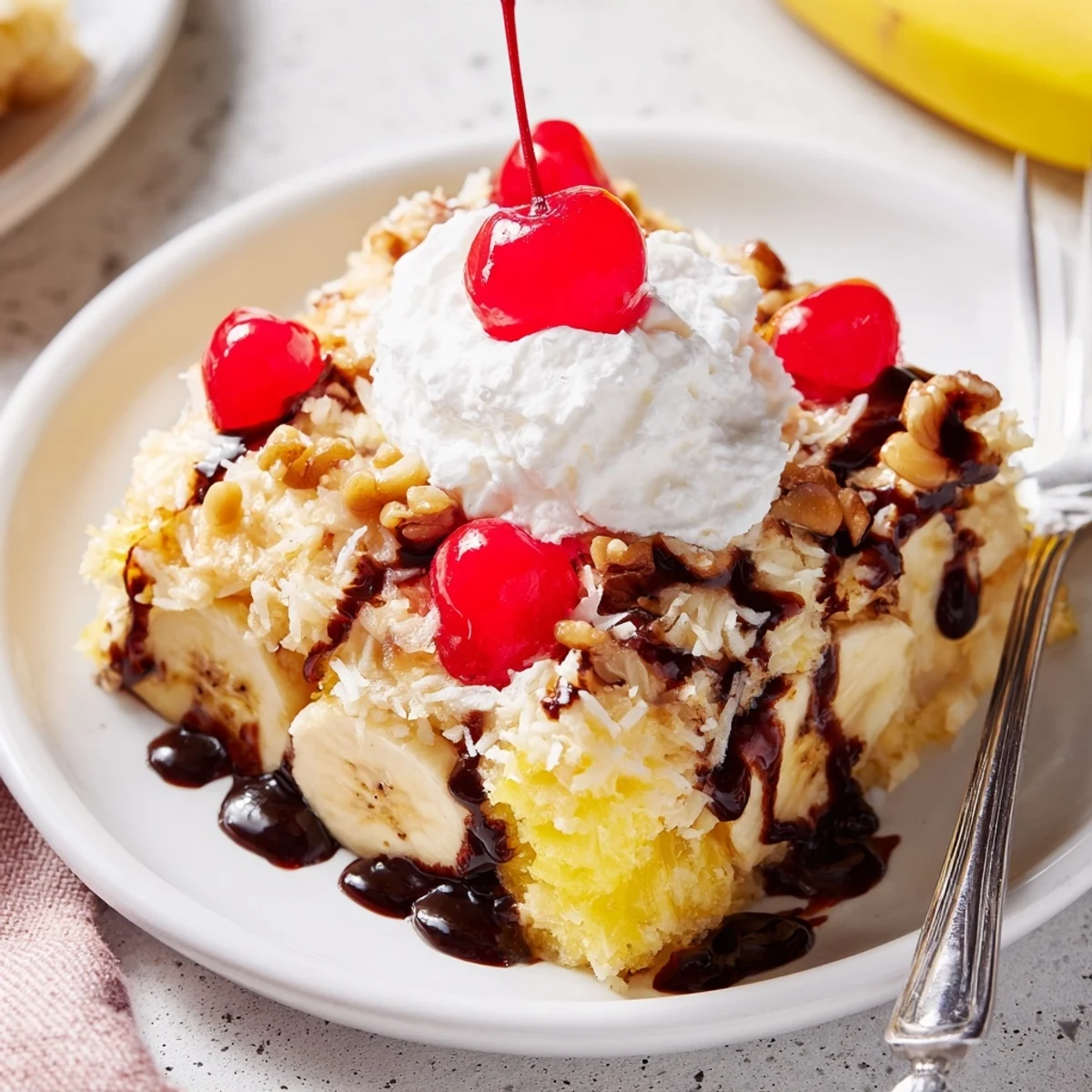 Warm Banana Split Dump Cake bubbling in a baking dish, cherries glistening.