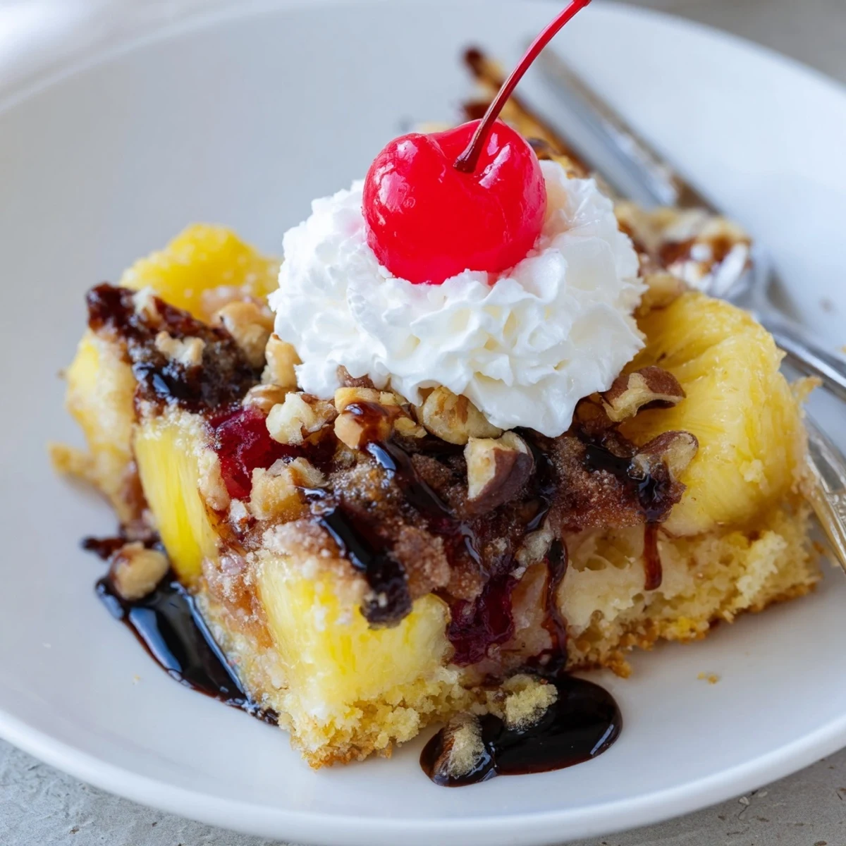 Sliced Banana Split Dump Cake topped with whipped cream and melting ice cream.
