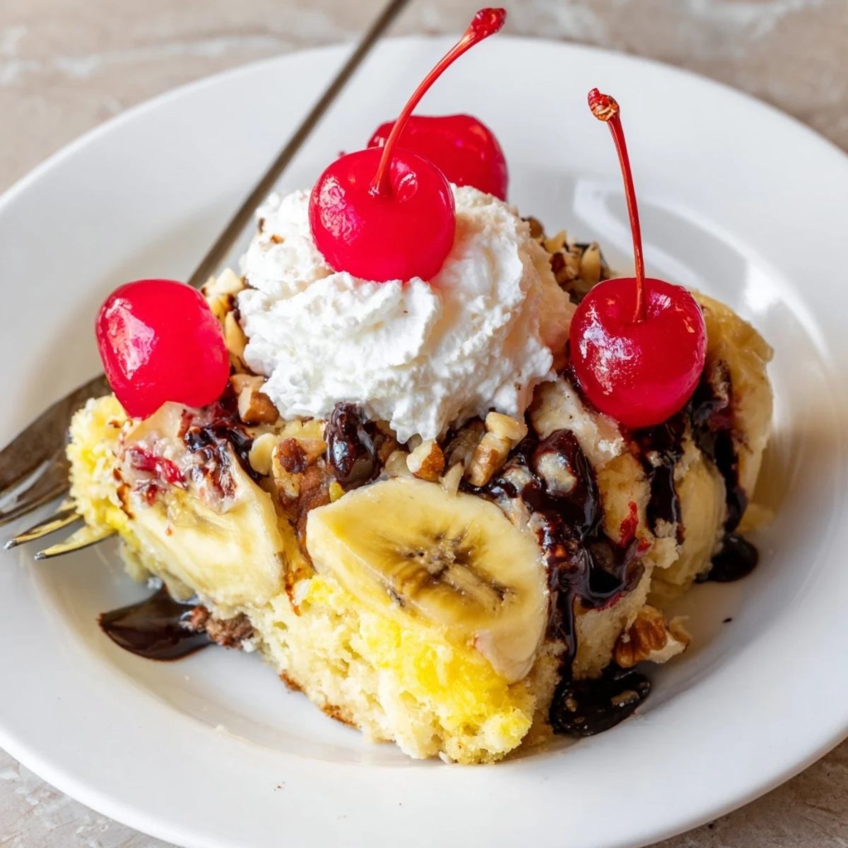 Banana Split Dump Cake with golden crust, chocolate drizzle, banana slices and crunchy nuts.