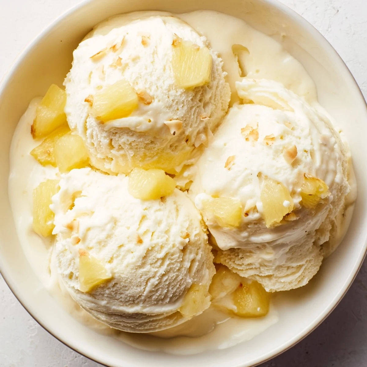 Creamy Pineapple Ice Cream scoops in a chilled bowl, tropical tanginess  