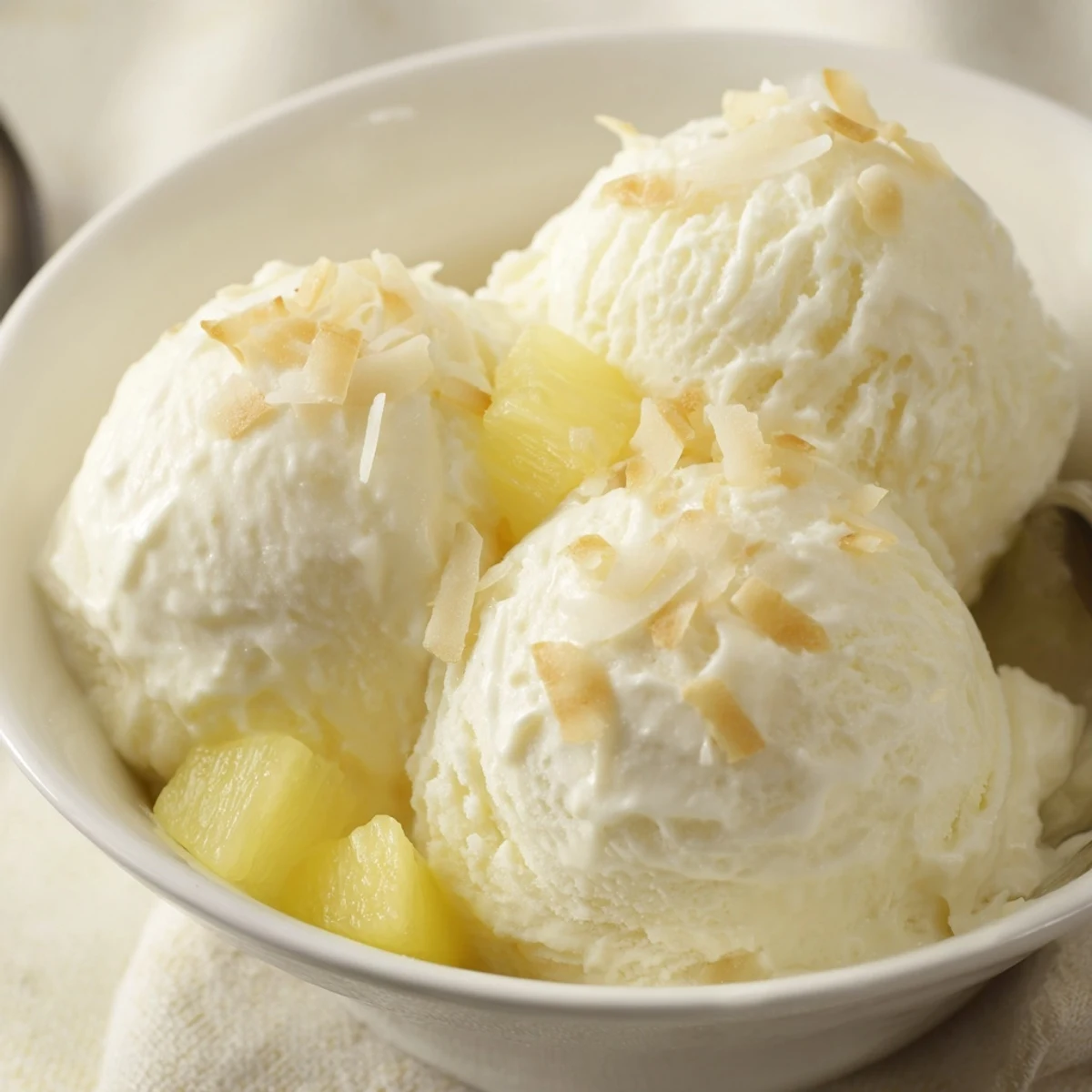 Homemade Creamy Pineapple Ice Cream churned silky-smooth, topped with toasted coconut  