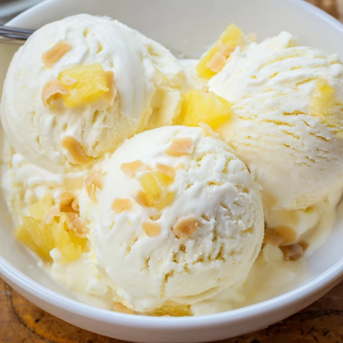 Bright Creamy Pineapple Ice Cream served with rum drizzle and fresh mint
