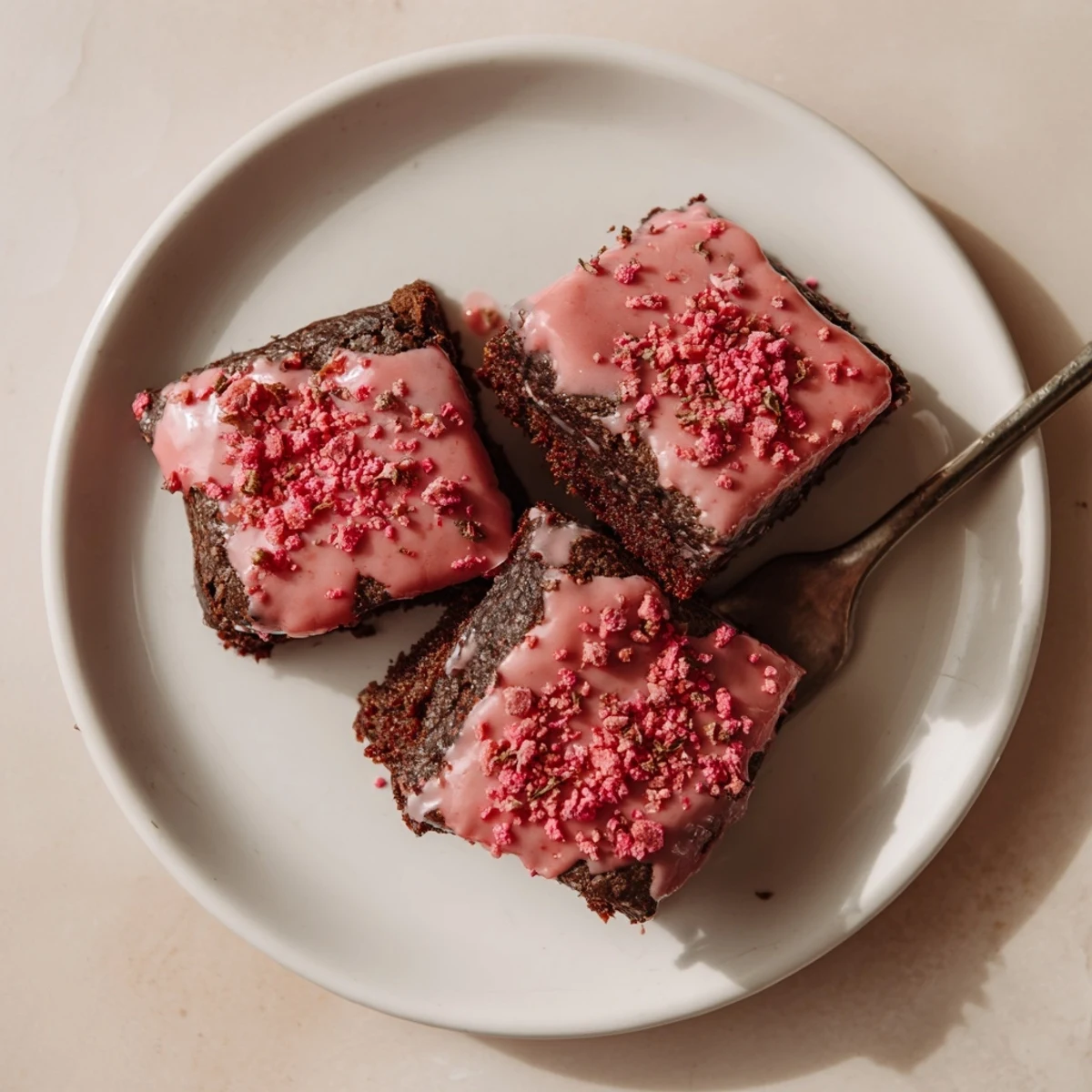 Strawberry Brownies Recipe: fudgy squares glazed with bright strawberry glaze, sliced.
