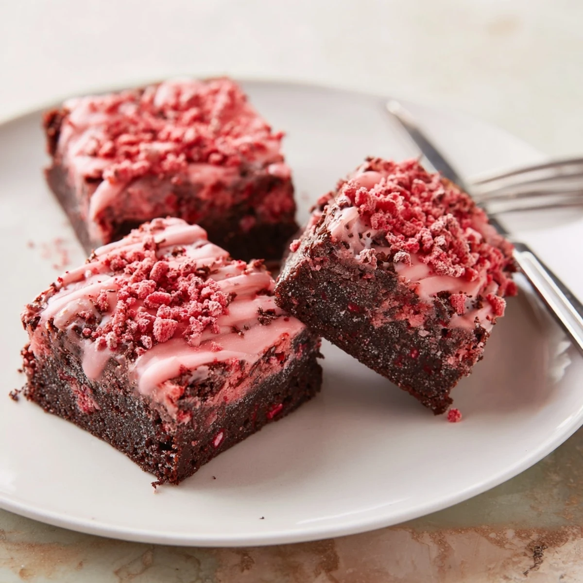 Plated Strawberry Brownies Recipe with whipped cream and fresh berries, spring ready.