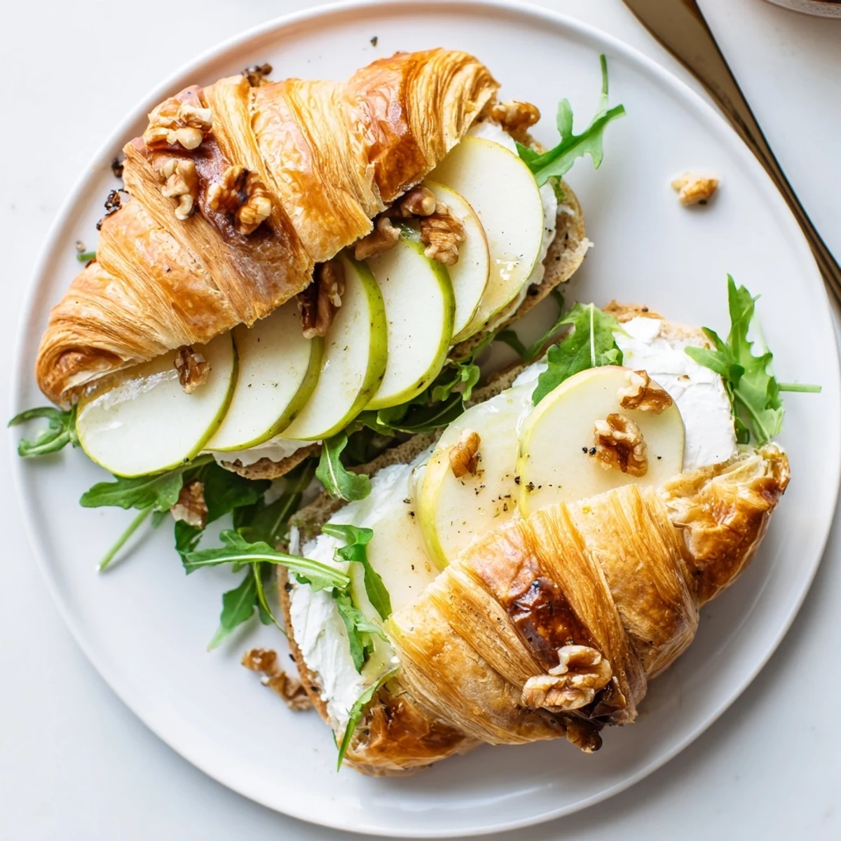 Buttery Apple Goat Cheese Croissant Sandwich with crisp arugula and honey drizzle