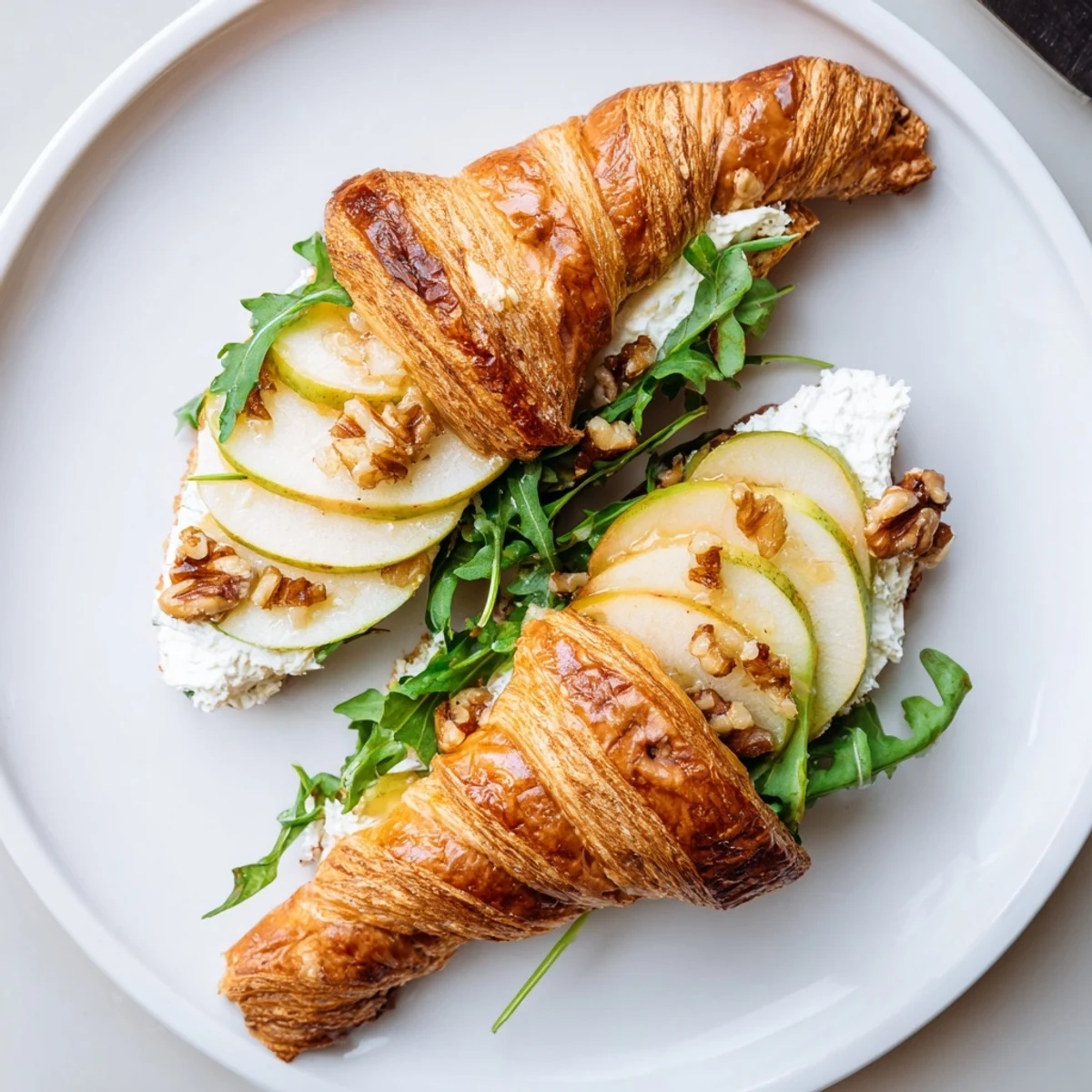 Flaky Apple Goat Cheese Croissant Sandwich layered with tart apples and walnuts