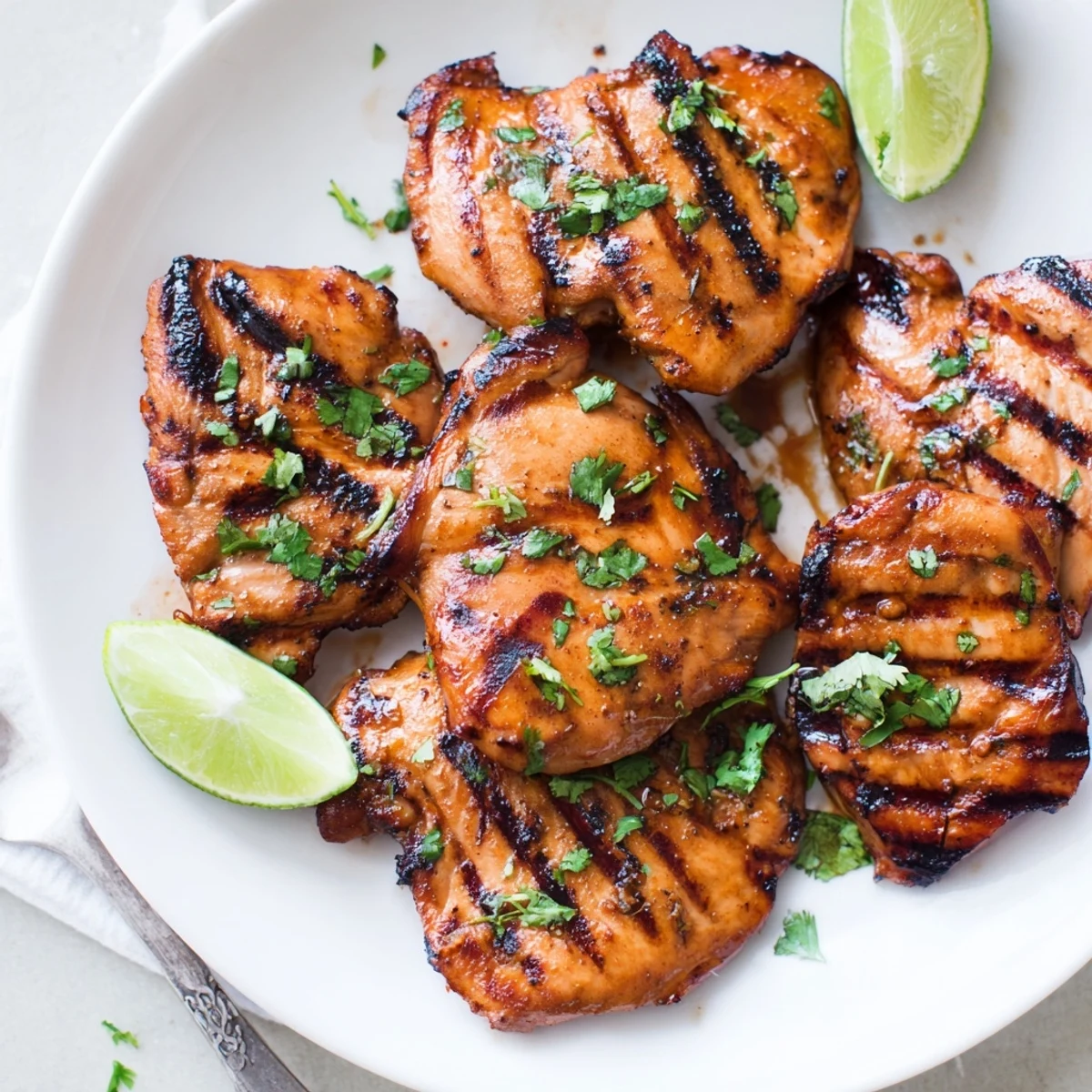Grilled Cilantro Lime Chicken Thighs Recipe glistening with char marks, zesty lime aroma