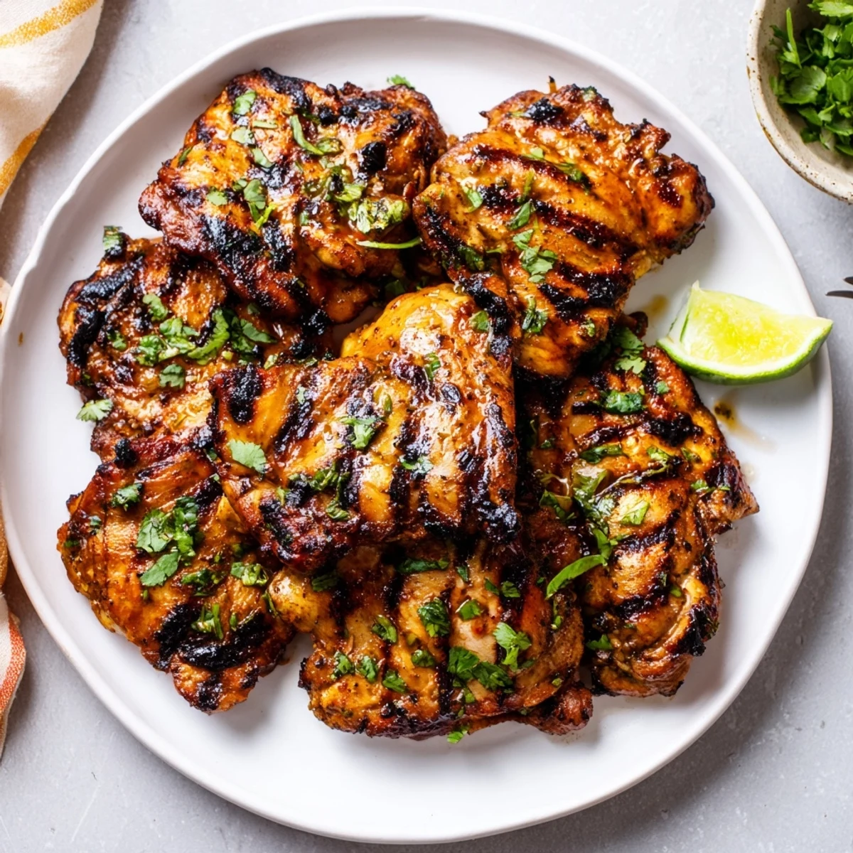 Grilled Cilantro Lime Chicken Thighs Recipe resting on platter, juicy, cilantro-sprinkled