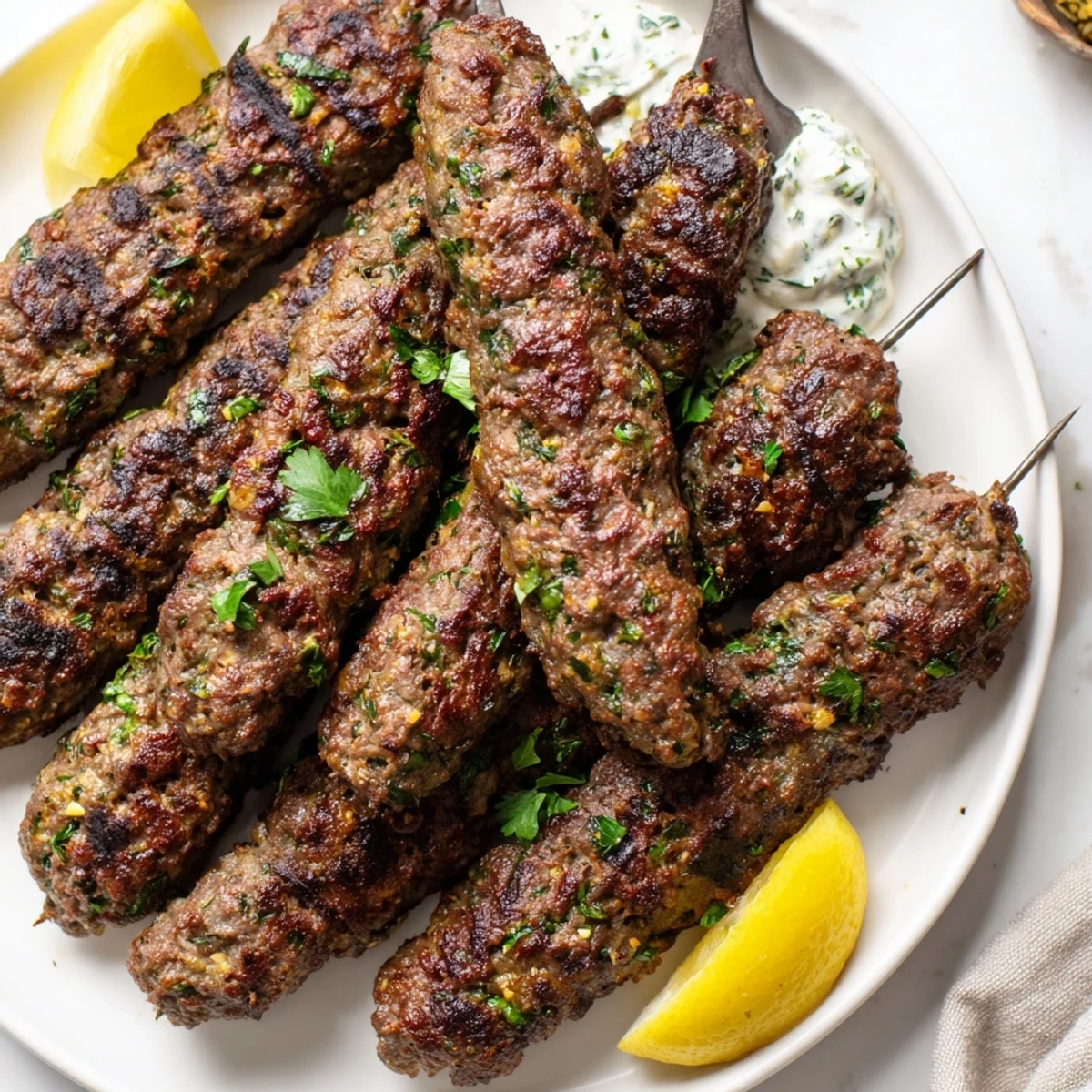 Skewered Lamb Kofta Kebabs Recipe sizzling on grill, aromatic spices and mint