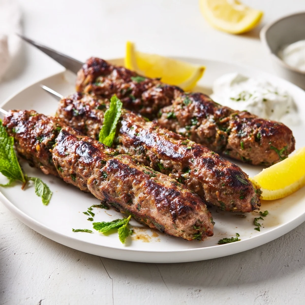 Family style Lamb Kofta Kebabs Recipe plated with yogurt dip and grilled lemon