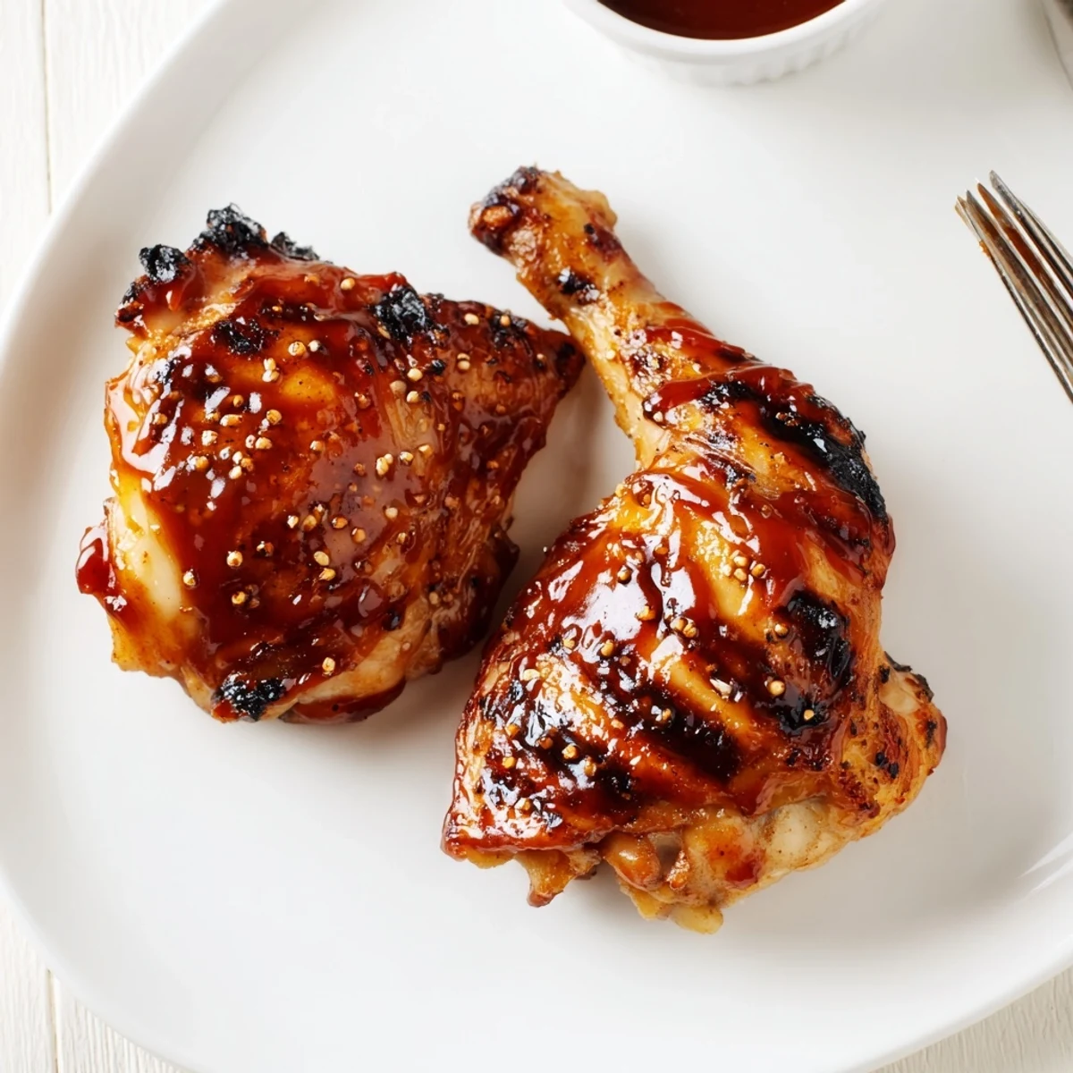 Mouthwatering BBQ Chicken Thighs Recipe: charred, glossy skin resting on rustic platter.