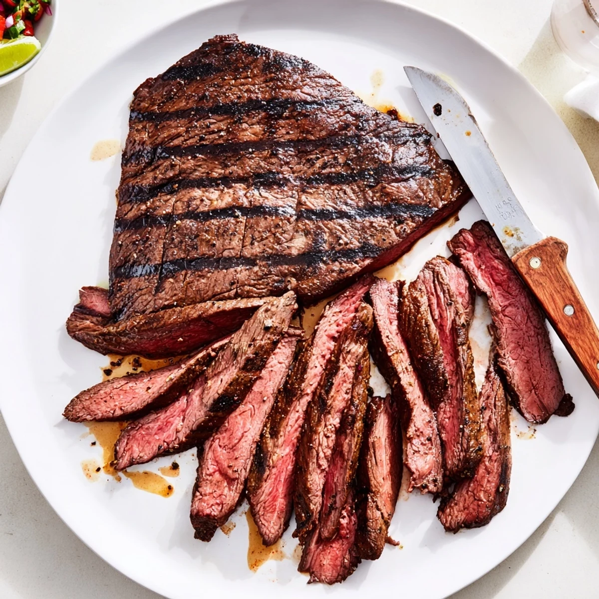 Grilled Flank Steak With Poblano Pico Recipe sliced thin, topped with vibrant charred pico  