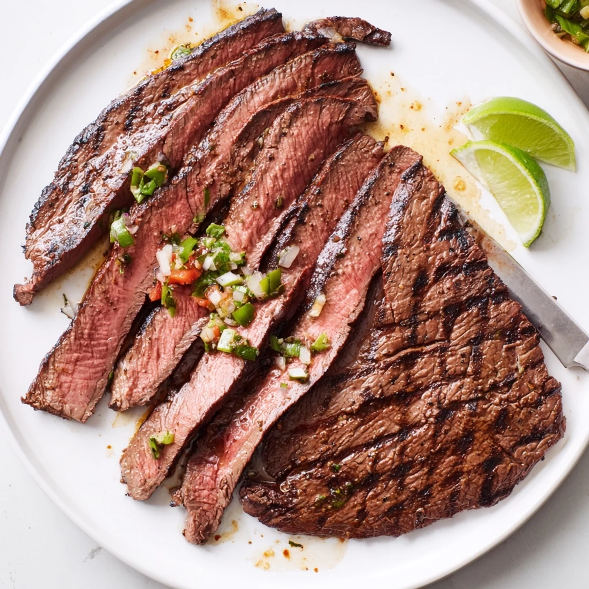A plate of Grilled Flank Steak With Poblano Pico Recipe next to tortillas  