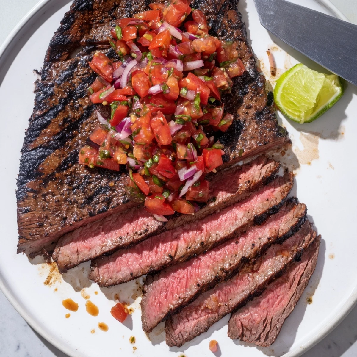 Juicy Grilled Flank Steak With Poblano Pico Recipe resting, lime-spritzed and smoky