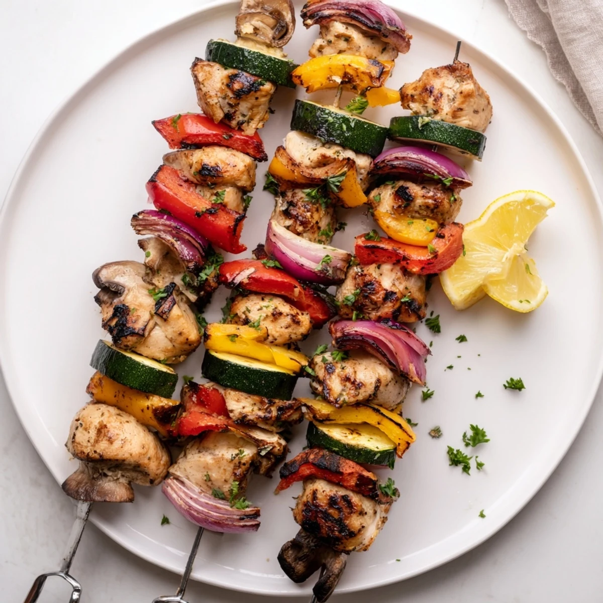 Grilled Chicken Kabobs With Vegetables Recipe colorful skewers resting on cutting board, lemon wedges