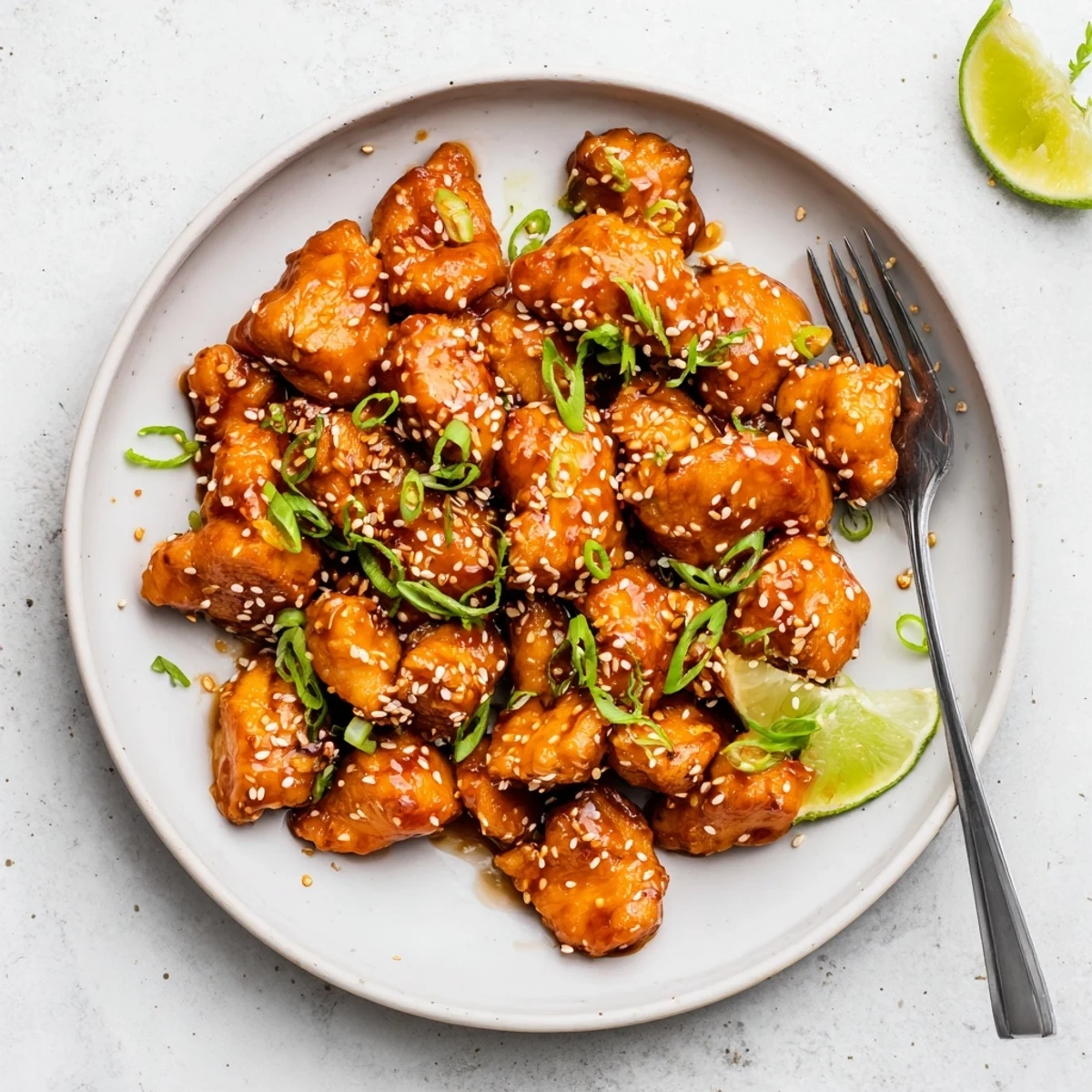 Golden brown spicy honey sriracha chicken pieces glazed in sticky red sweet and spicy sauce