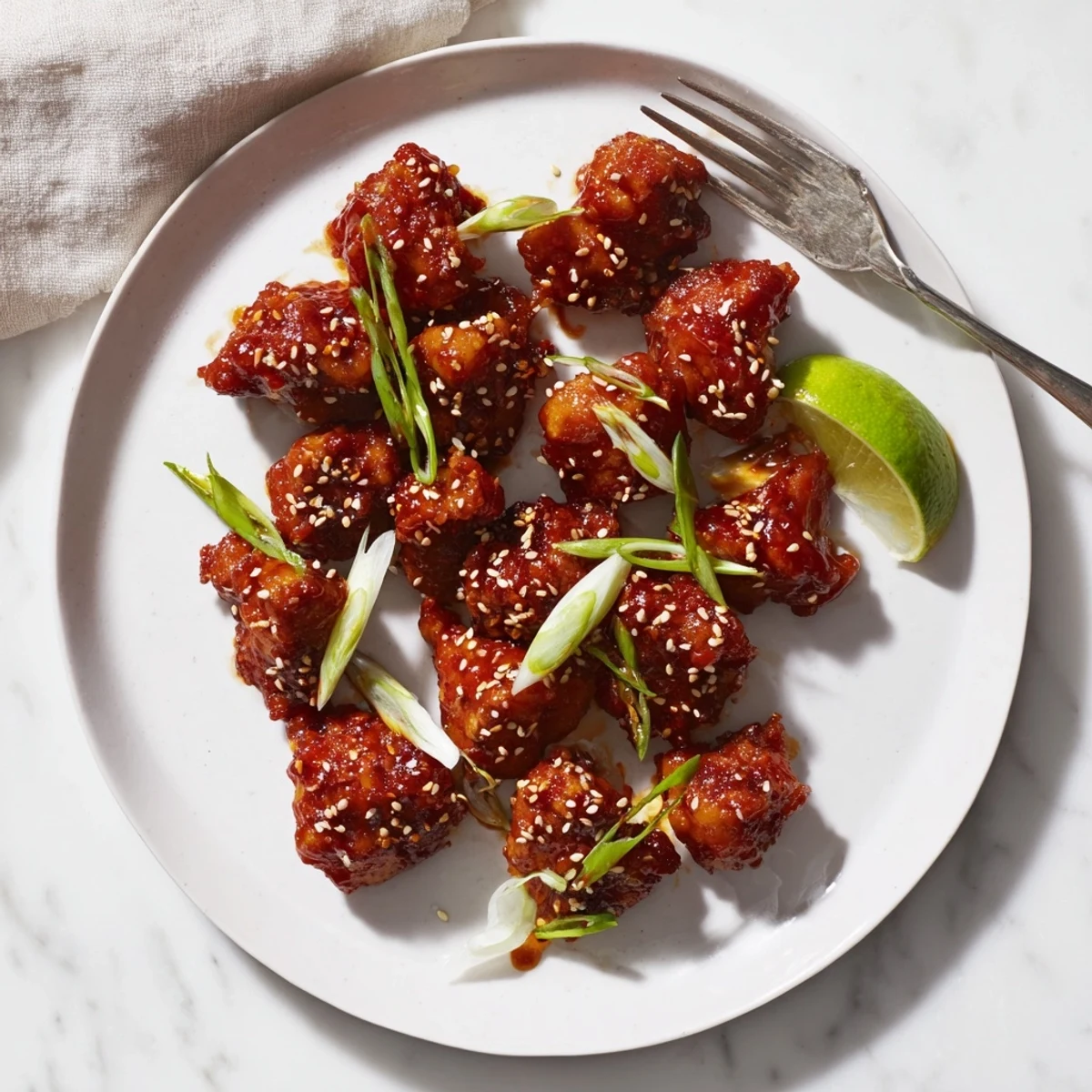 Juicy chicken thighs coated in glossy honey sriracha glaze with sesame seeds and green onions