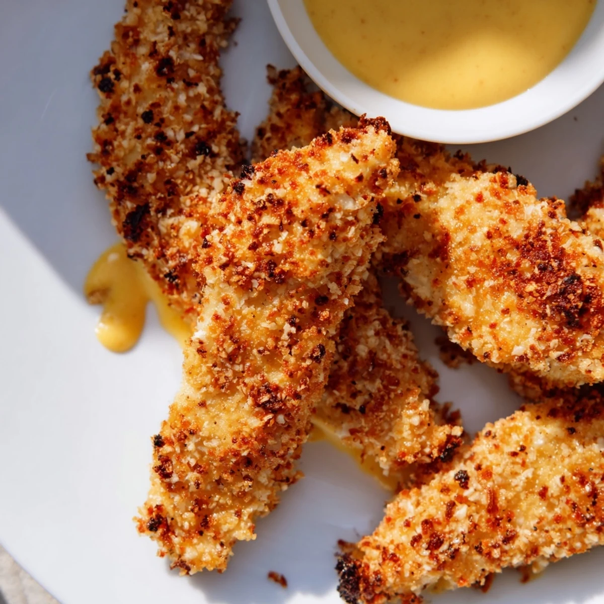 Golden honey mustard chicken tenders with crispy breaded coating and tangy dipping sauce