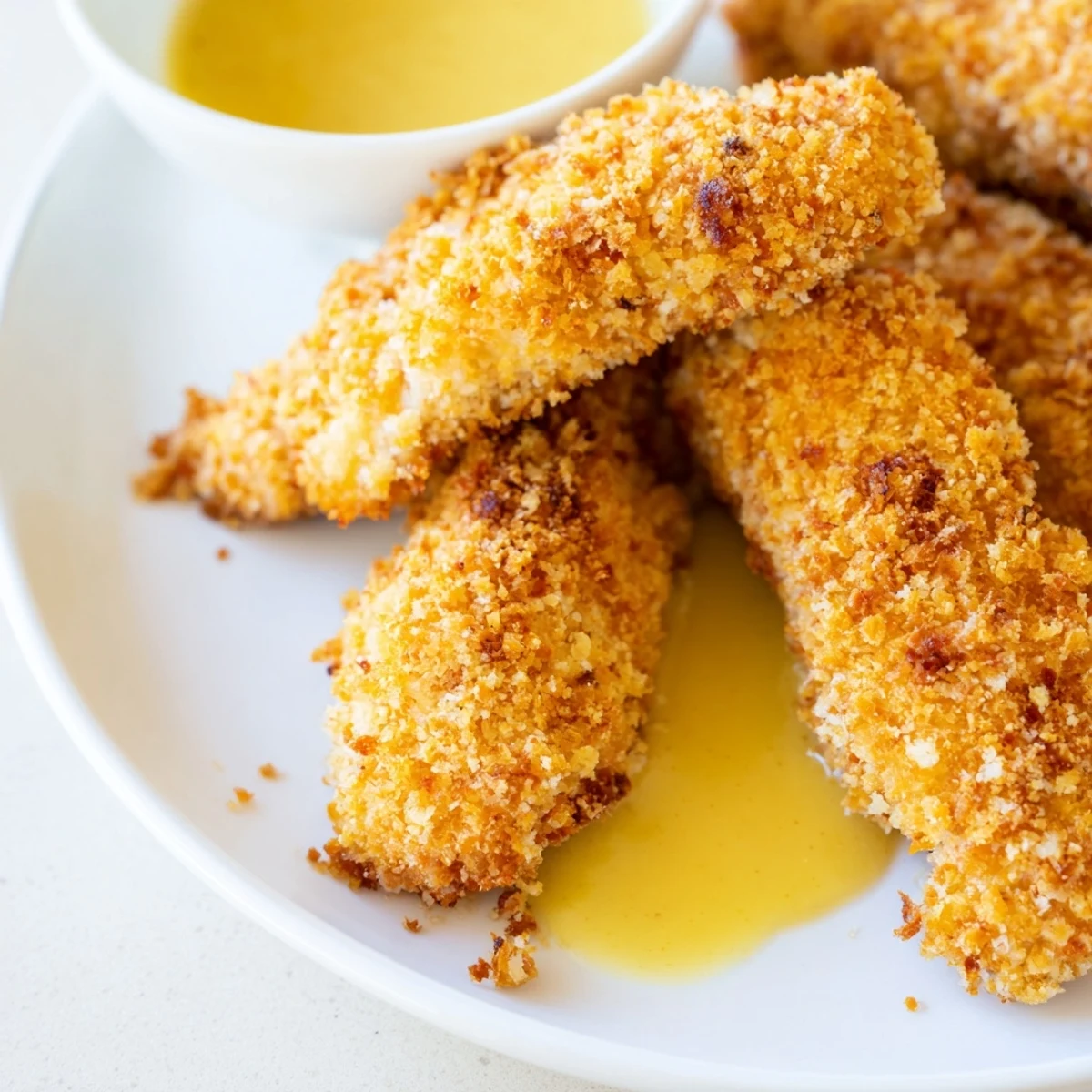 Baked honey mustard chicken tenders arranged on white plate with drizzled honey mustard sauce