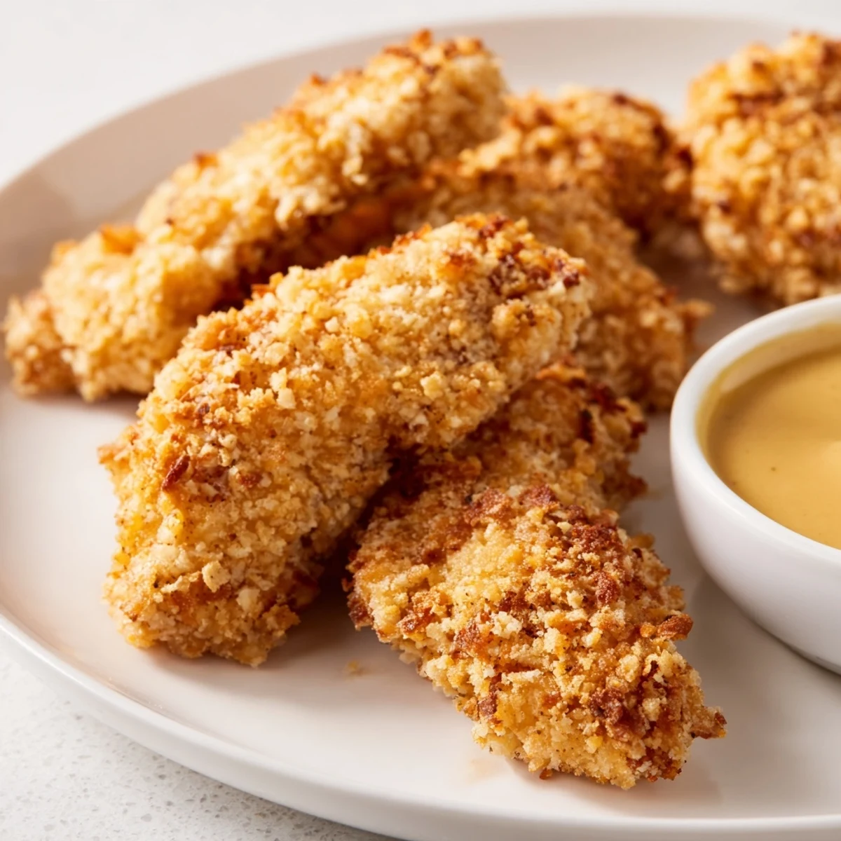 Family-friendly honey mustard chicken tenders recipe with golden brown crust and creamy dipping sauce