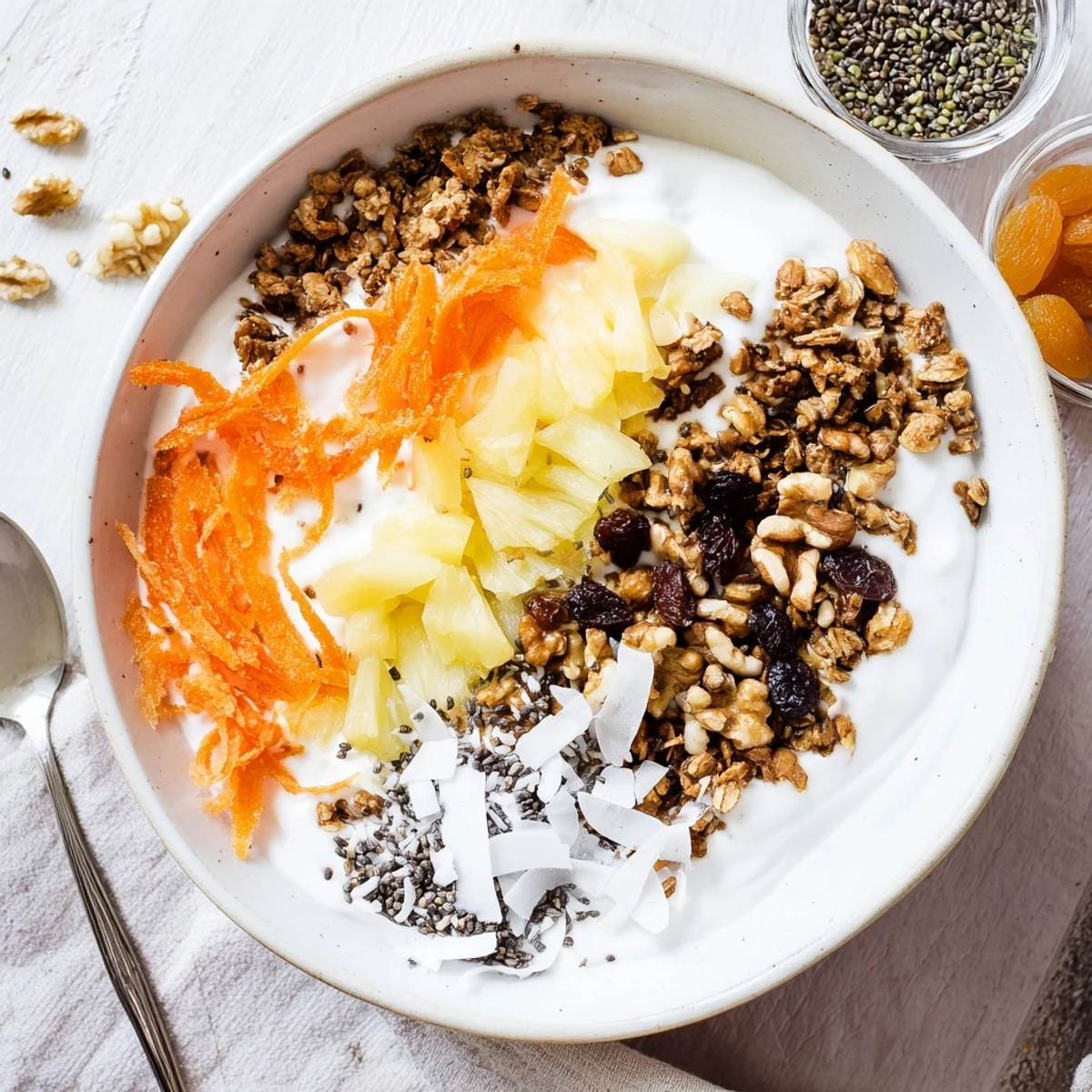 Wholesome Greek yogurt bowl spiced with cinnamon and nutmeg layered with shredded carrots and crunchy granola