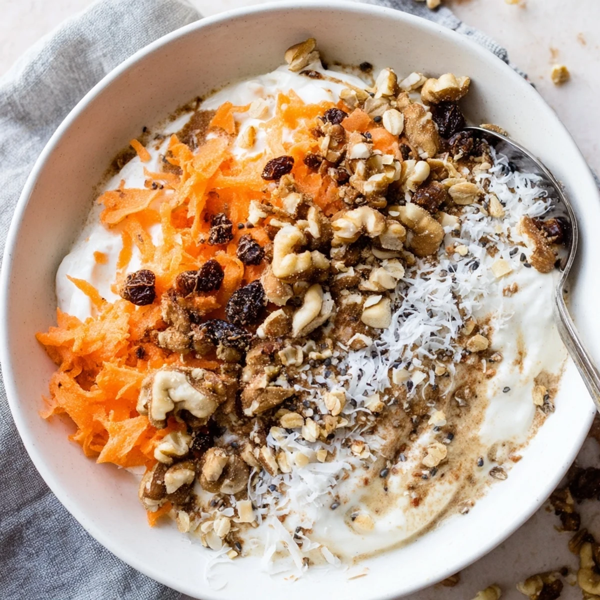 Creamy carrot cake yogurt bowl topped with grated carrots, walnuts, coconut flakes, and plump raisins