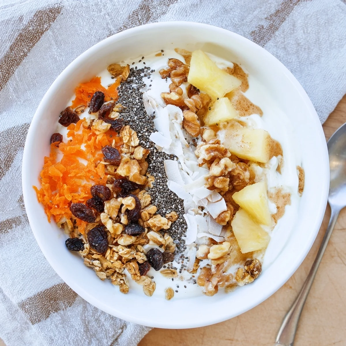 Healthy carrot cake inspired breakfast bowl with fresh grated carrots, pecans, and sweet raisin toppings