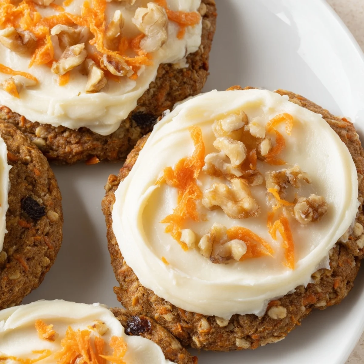Soft spiced carrot cake cookies studded with grated carrots, oats, and raisins on a cooling rack