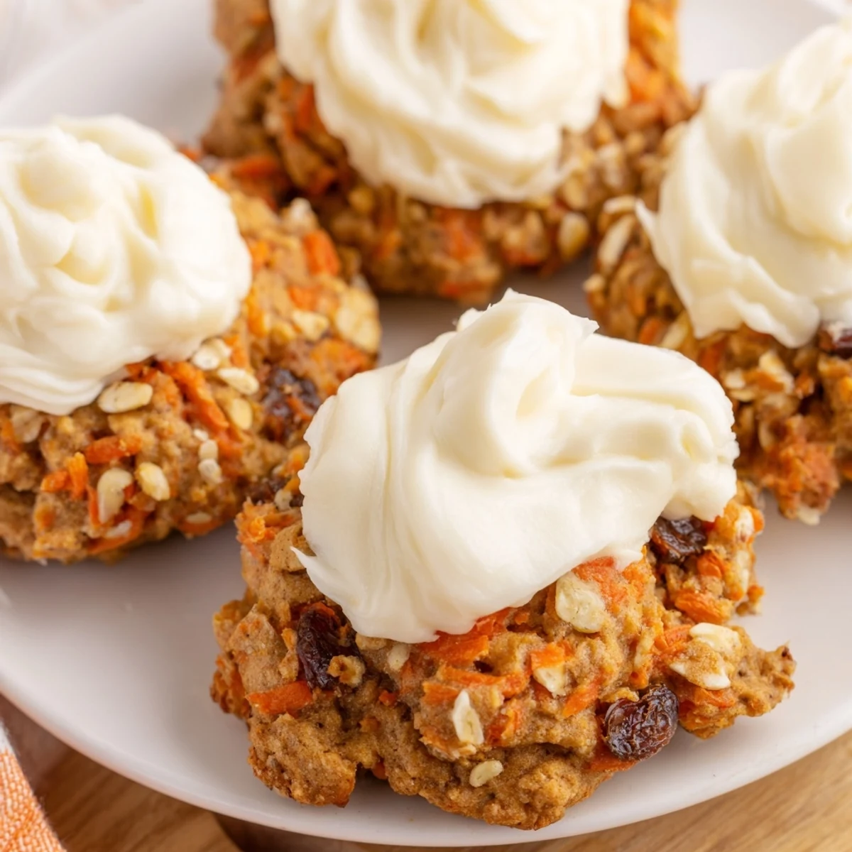 Plate of frosted carrot cake cookies with visible shredded carrot bits and pecan pieces