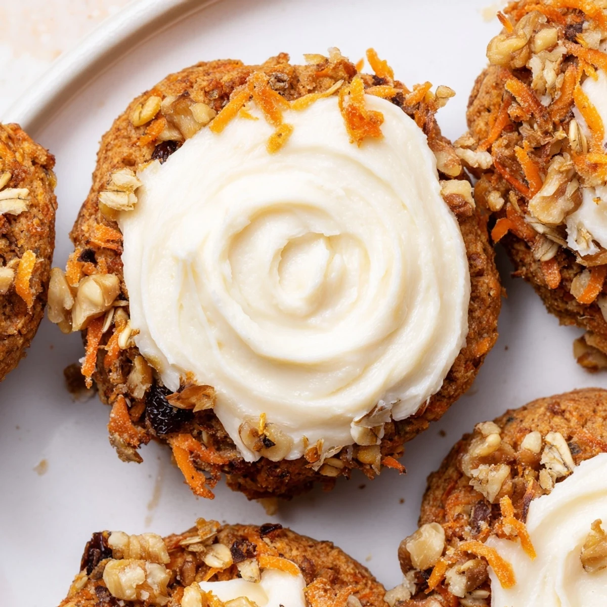 Golden brown carrot cake cookies topped with creamy white frosting and sprinkled with chopped walnuts