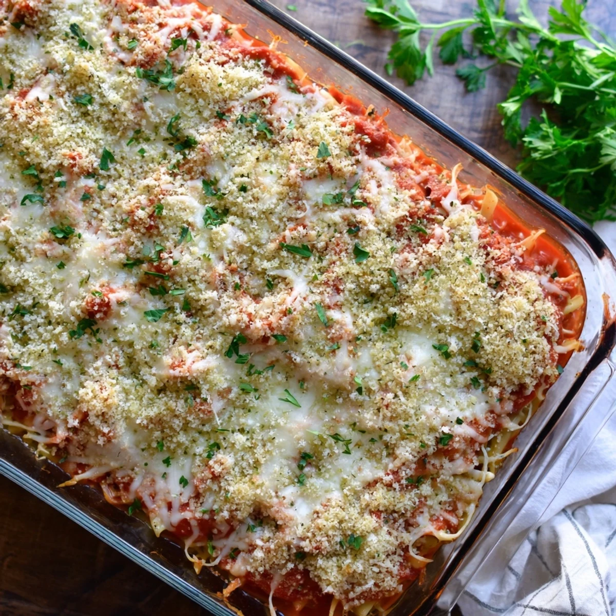 Golden brown Chicken Parmesan Casserole with bubbling mozzarella cheese and crispy buttery panko topping