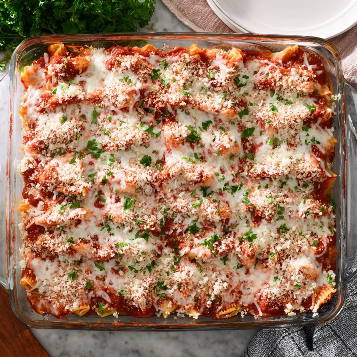 Baked Chicken Parmesan Casserole dish featuring layers of marinara sauce, melted cheese, and crunchy breadcrumbs