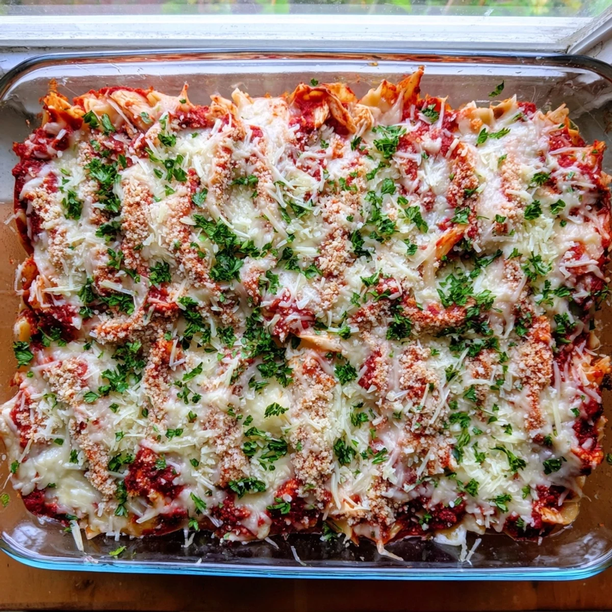 Family style Chicken Parmesan Casserole fresh from the oven with gooey cheese and golden crust