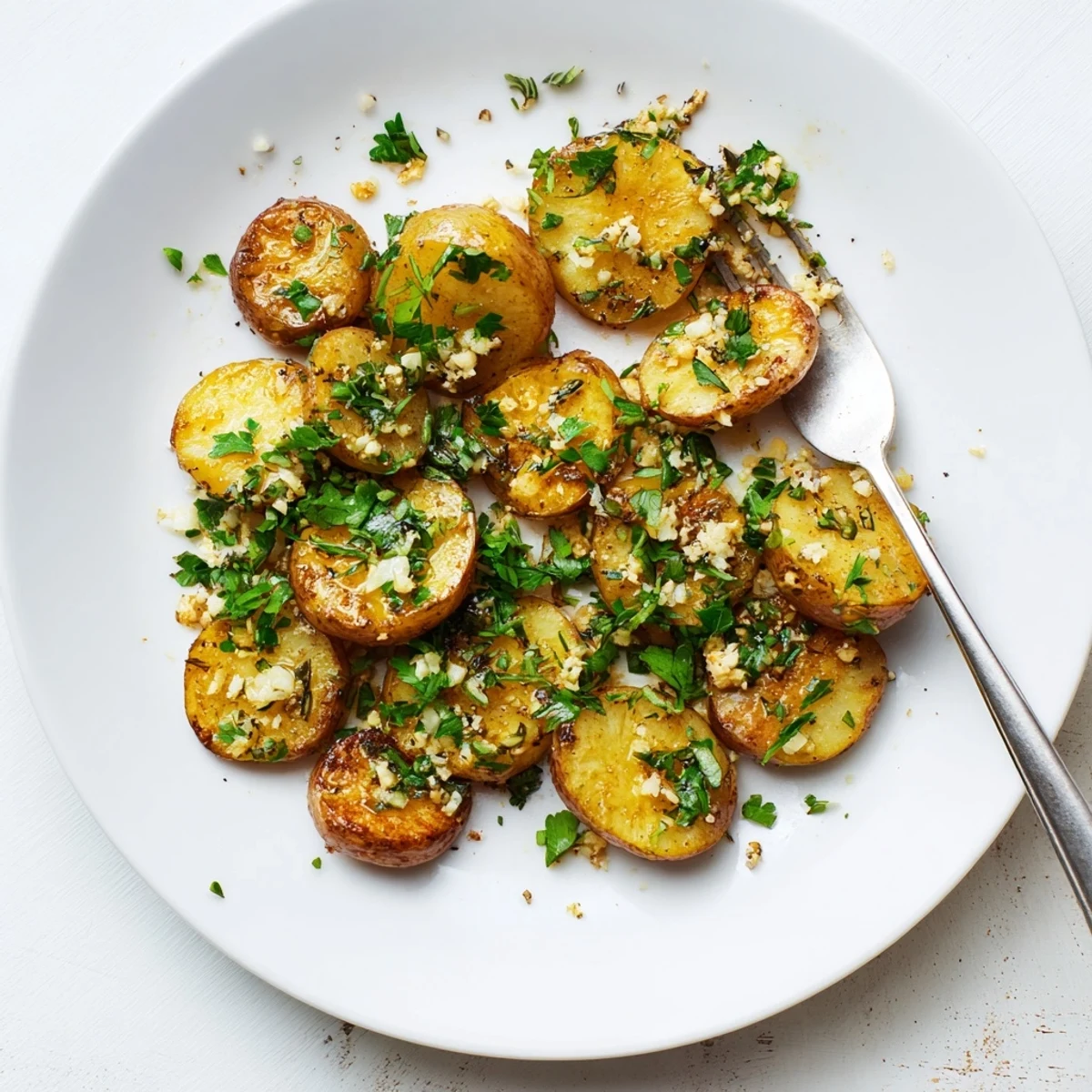 Golden brown garlic herb roasted radishes arranged on a white serving platter with fresh parsley garnish
