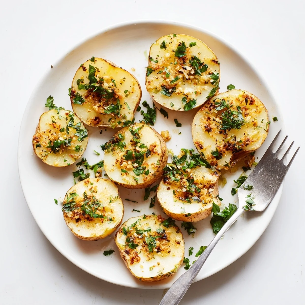 Tender roasted radishes tossed with minced garlic and dried herbs on a parchment lined baking sheet