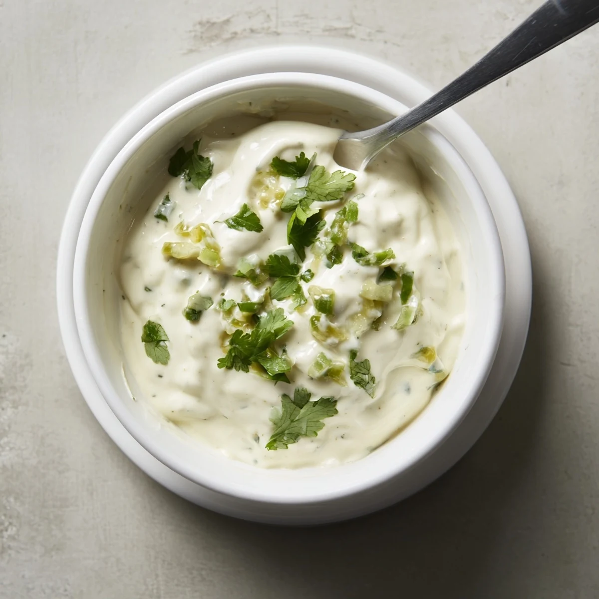 Smooth tangy Mexican-American white sauce spooned onto warm street tacos with diced onions