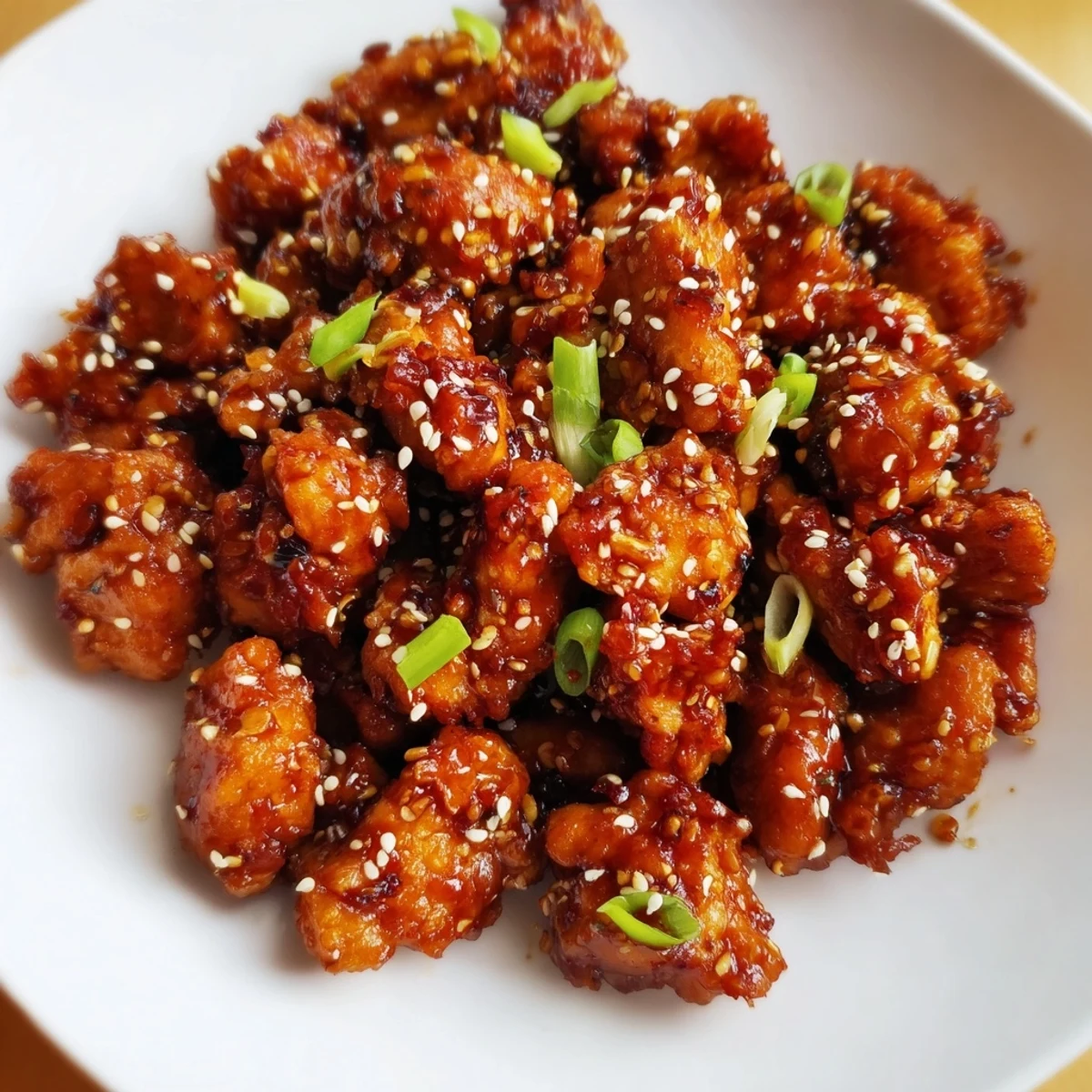 Savory ground chicken pieces coated in glossy sweet and tangy General Tso's sauce